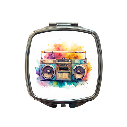 Retro Boom Box Radio Cassette Player Watercolor Small Travel Purse Handbag Pocket Makeup Compact Mirror