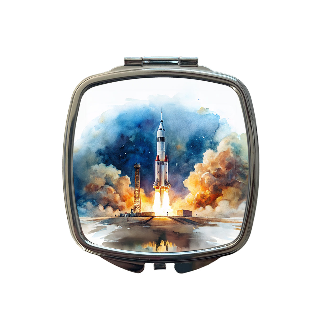 Rocket Spaceship Launch Sci-fi Watercolor Small Travel Purse Handbag Pocket Makeup Compact Mirror