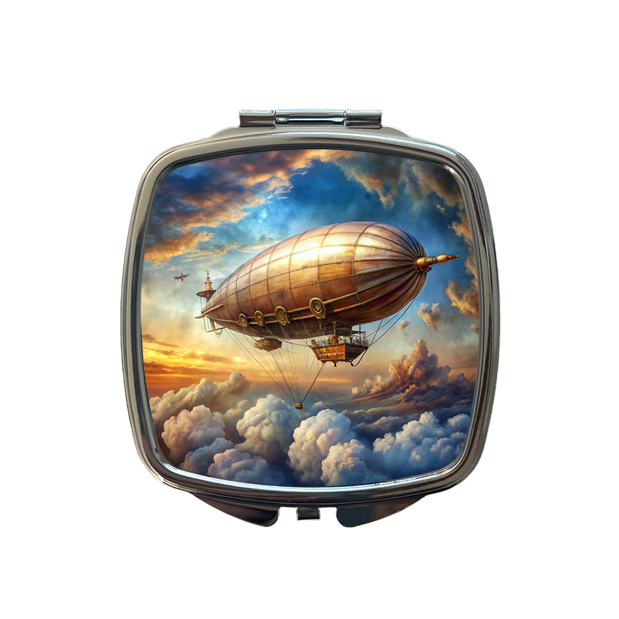 Steampunk Airship Dirigible Flying in Cloudy Sky Fantasy Sci-fi Small Travel Purse Handbag Pocket Makeup Compact Mirror
