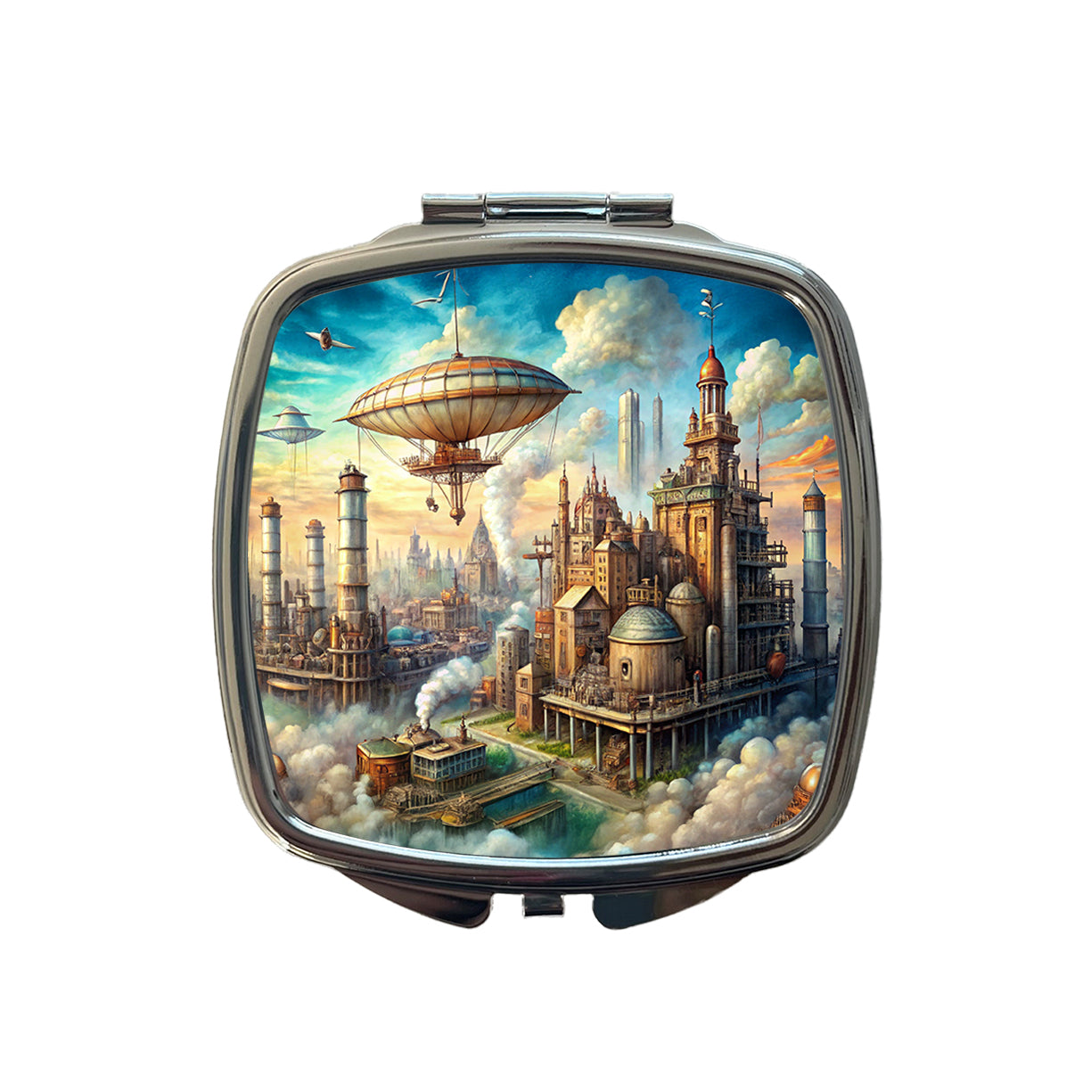 Steampunk City and Airship Fantasy Sci-fi Scene Small Travel Purse Handbag Pocket Makeup Compact Mirror