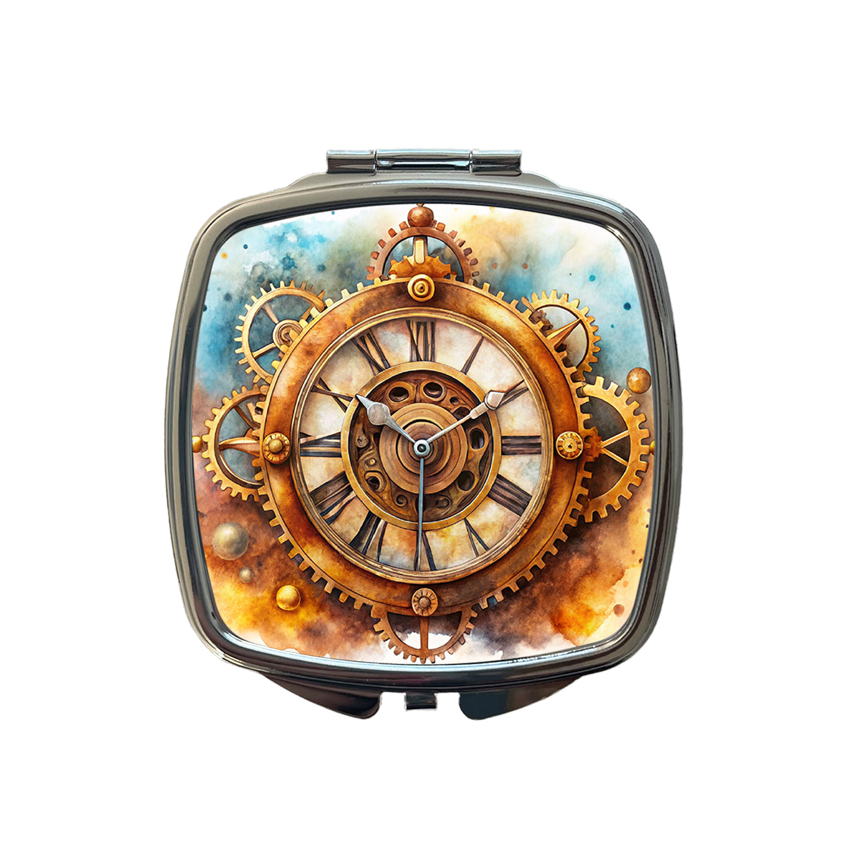 Steampunk Clock Fantasy Sci-fi Watercolor Small Travel Purse Handbag Pocket Makeup Compact Mirror