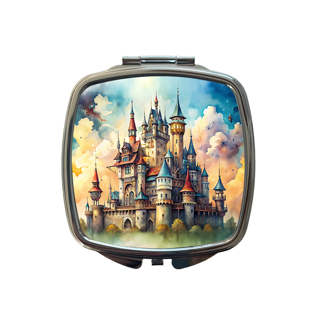 Steampunk Fantasy Castle Watercolor Small Travel Purse Handbag Pocket Makeup Compact Mirror
