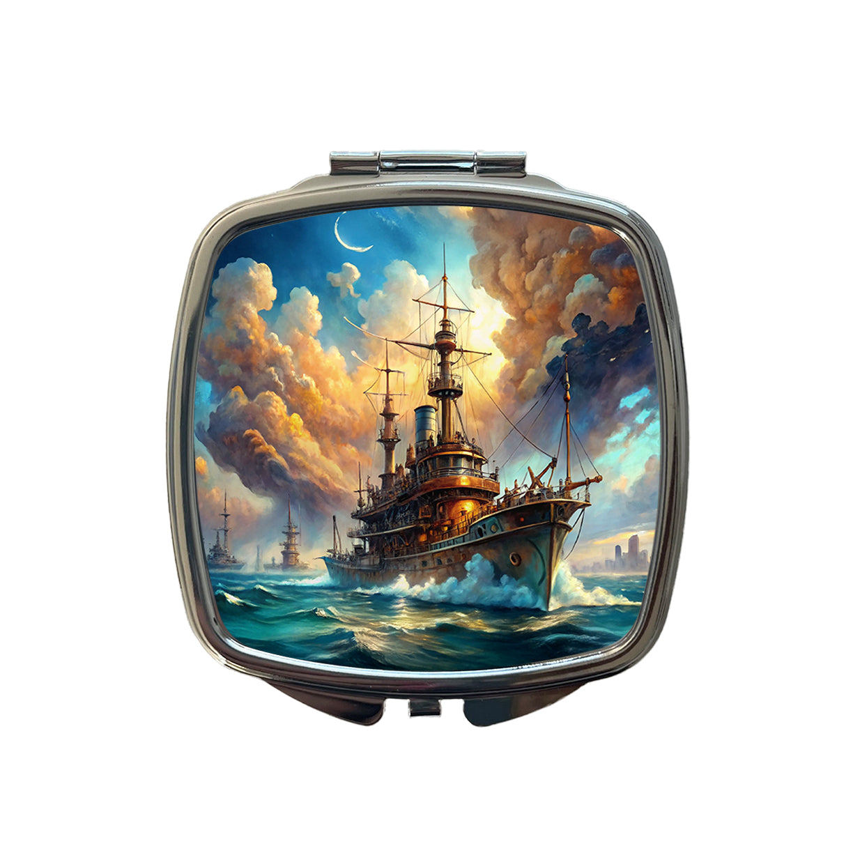 Steampunk Iron Warship Fantasy Sci-fi Watercolor Small Travel Purse Handbag Pocket Makeup Compact Mirror