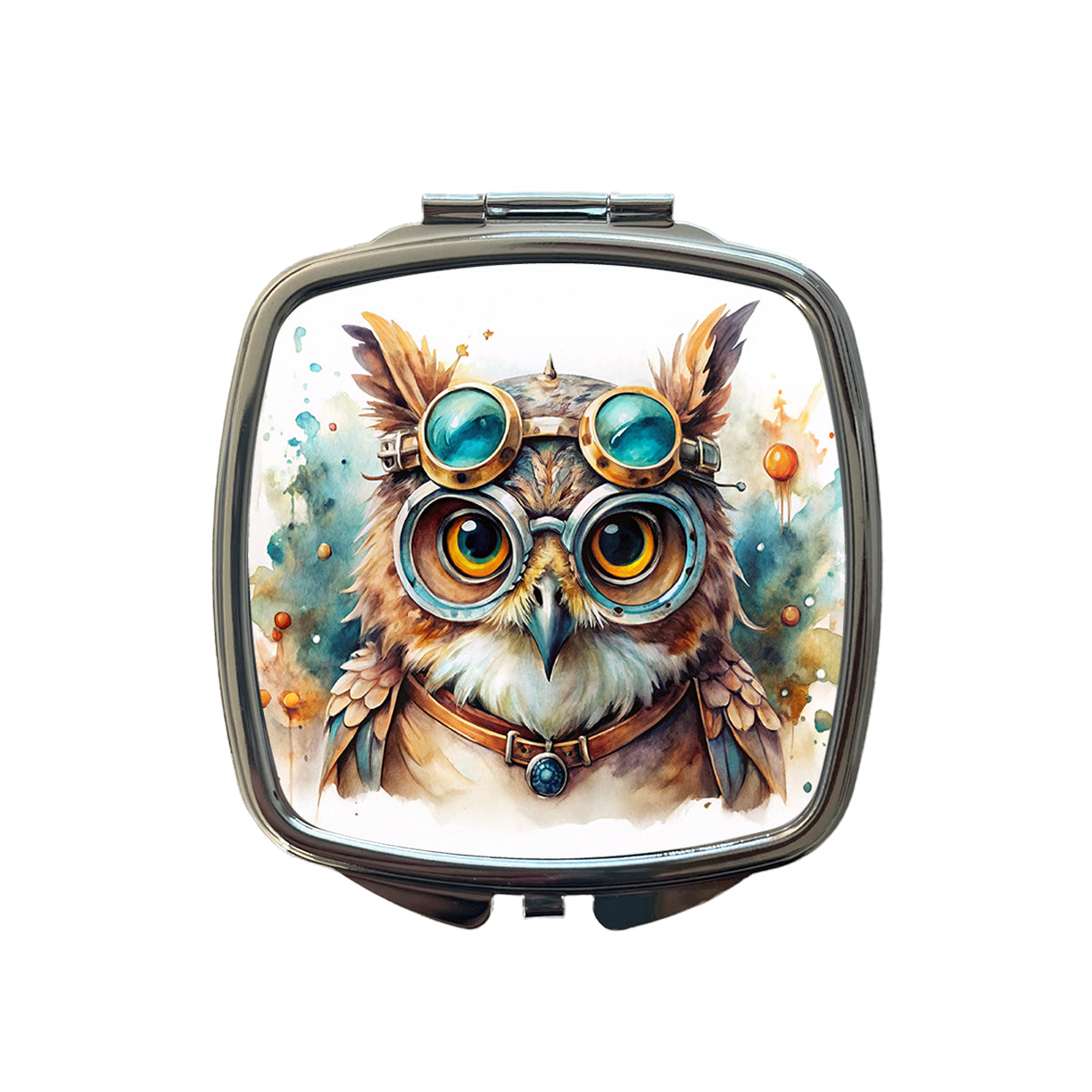 Steampunk Owl With Goggles Fantasy Sci-fi Watercolor Small Travel Purse Handbag Pocket Makeup Compact Mirror