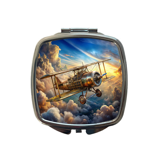 Steampunk Plane Airship in Cloudy Sky Fantasy Sci-fi Small Travel Purse Handbag Pocket Makeup Compact Mirror