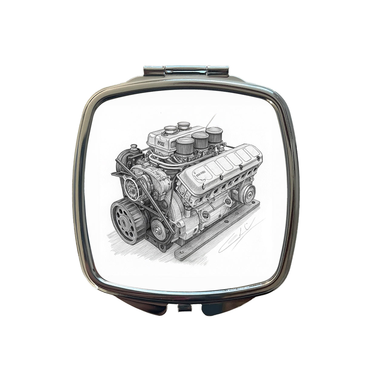 V8 Car Engine Sketch Small Travel Purse Handbag Pocket Makeup Compact Mirror
