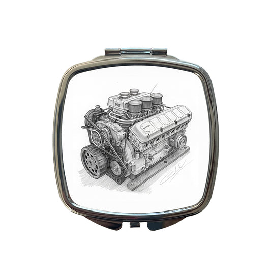 V8 Car Engine Sketch Small Travel Purse Handbag Pocket Makeup Compact Mirror