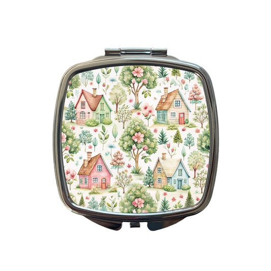 Cottagecore Cute Country Homes Pattern Small Travel Purse Handbag Pocket Makeup Compact Mirror