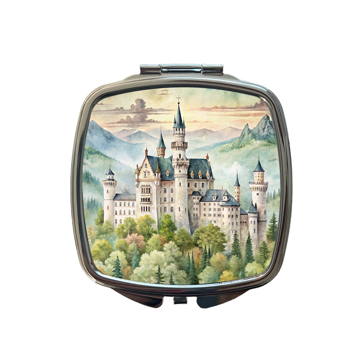 German Castle Watercolor Beautiful Neuschwanstein Small Travel Purse Handbag Pocket Makeup Compact Mirror