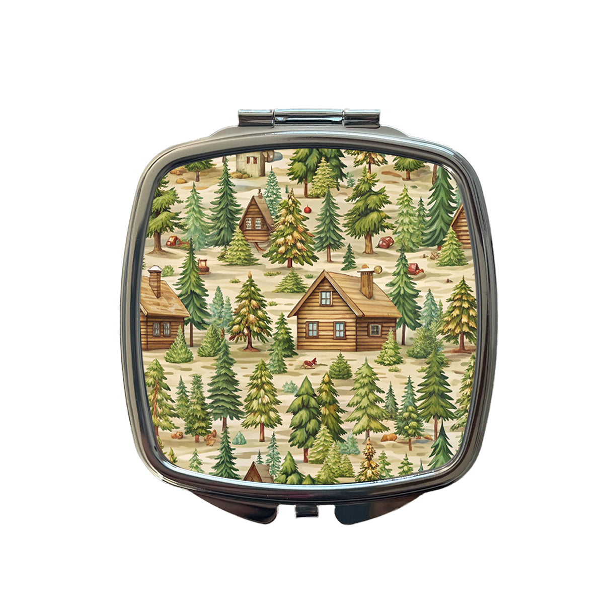 Log Cabin In Forest Pattern Small Travel Purse Handbag Pocket Makeup Compact Mirror