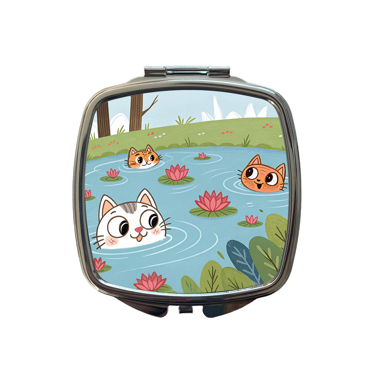 Cats Swimming In Pond Cute Small Travel Purse Handbag Pocket Makeup Compact Mirror