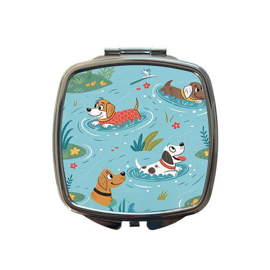Dogs Swimming Playing In Pond Small Travel Purse Handbag Pocket Makeup Compact Mirror