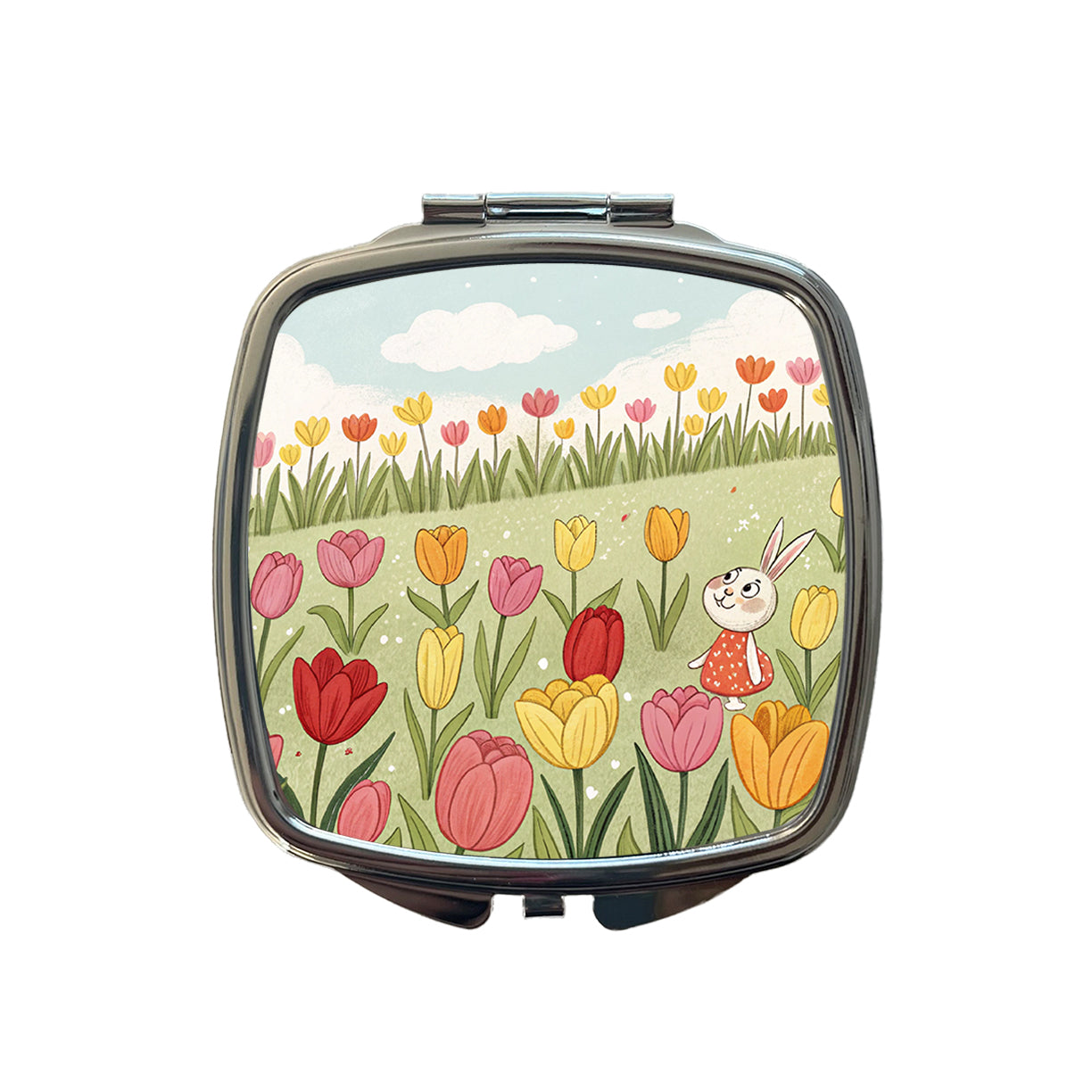 Field Of Tulips And Bunny Flowers Small Travel Purse Handbag Pocket Makeup Compact Mirror