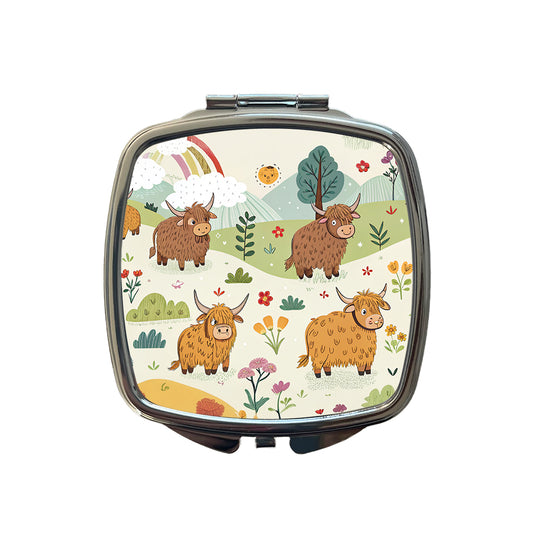 Highland Cows Scattered Small Travel Purse Handbag Pocket Makeup Compact Mirror
