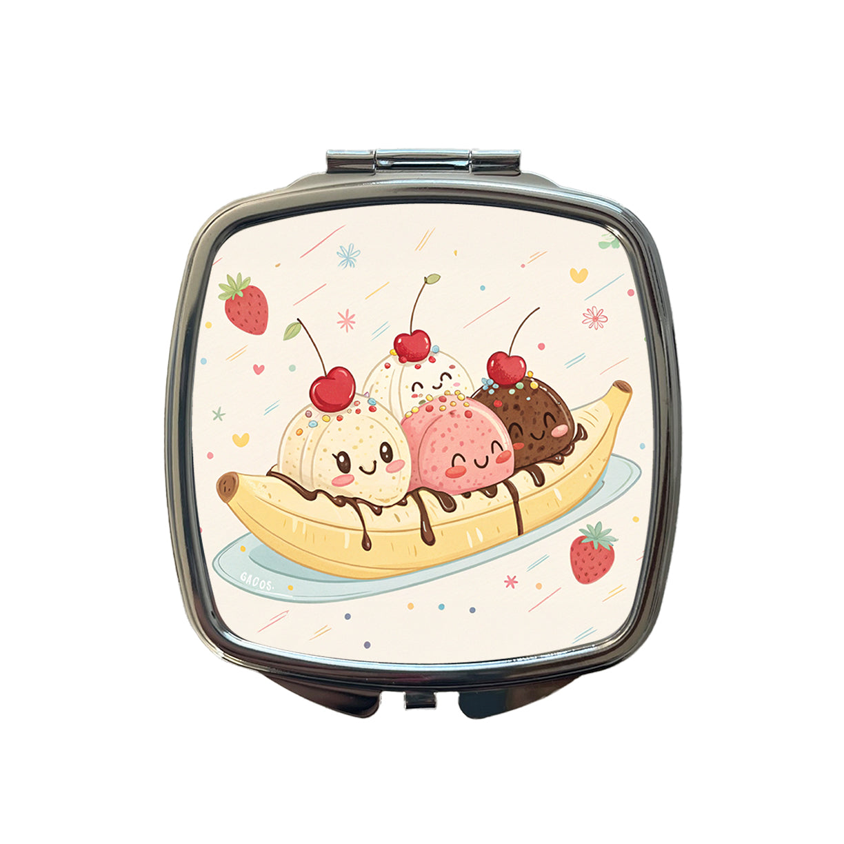 Kawaii Banana Split Ice Cream Small Travel Purse Handbag Pocket Makeup Compact Mirror