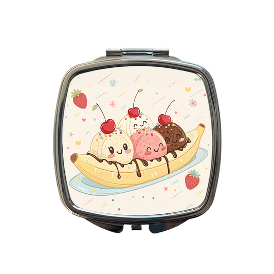 Kawaii Banana Split Ice Cream Small Travel Purse Handbag Pocket Makeup Compact Mirror