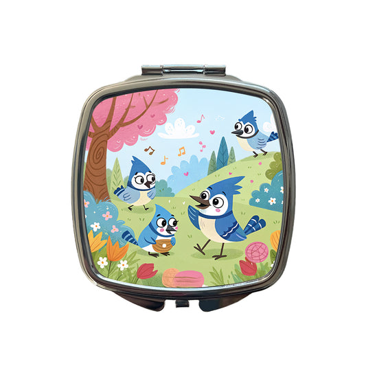 Kawaii Blue Jays Birds Small Travel Purse Handbag Pocket Makeup Compact Mirror