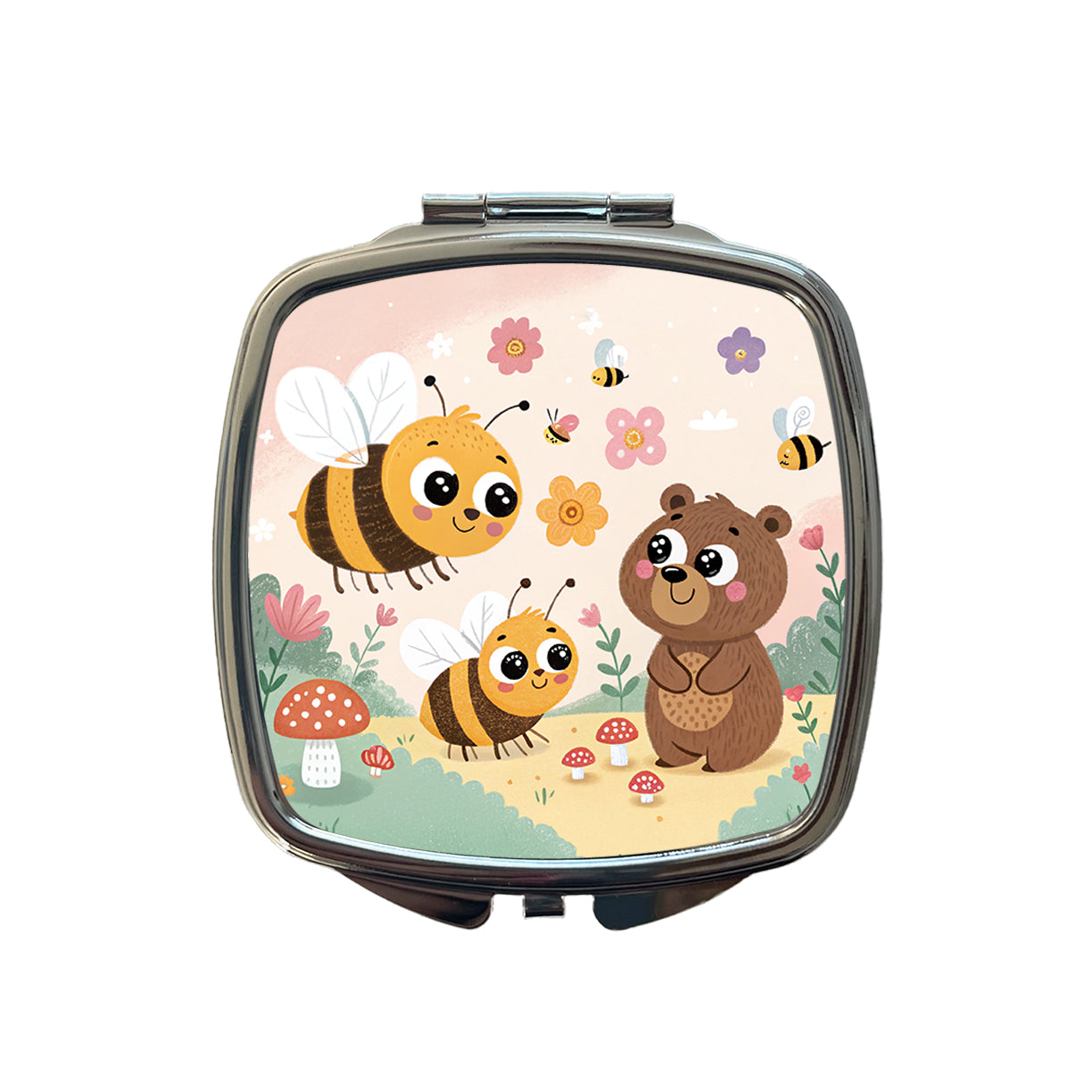 Kawaii Bumble Bees Bear Small Travel Purse Handbag Pocket Makeup Compact Mirror