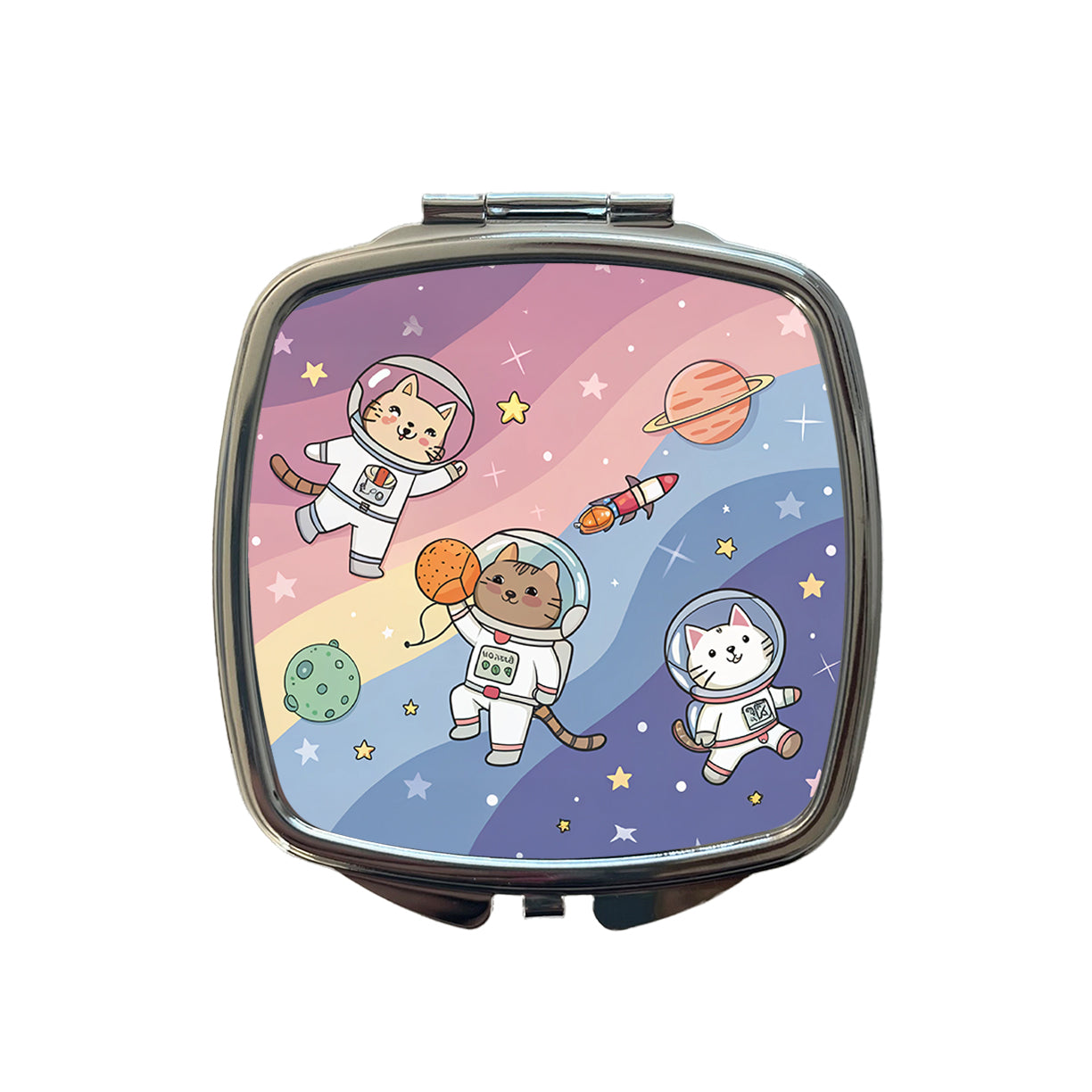 Kawaii Cat Astronauts Small Travel Purse Handbag Pocket Makeup Compact Mirror