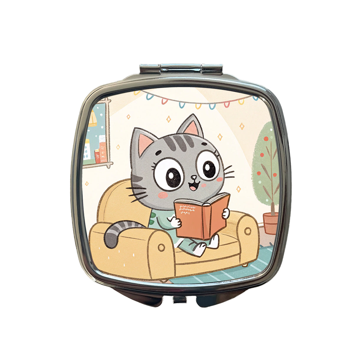 Kawaii Cat Reading Book On Couch Reader Small Travel Purse Handbag Pocket Makeup Compact Mirror