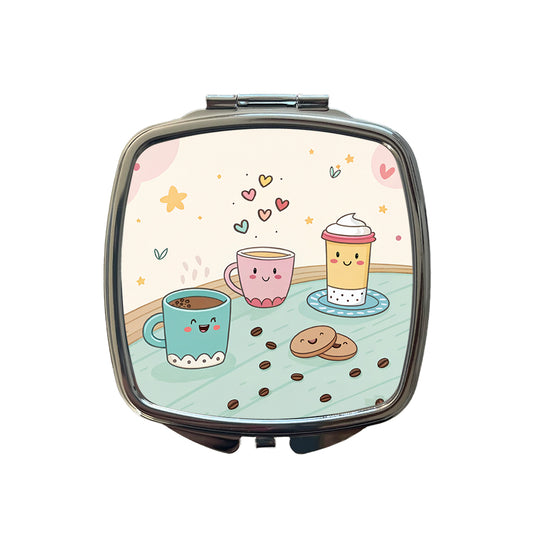 Kawaii Coffee Cups Latte Cappuccino Small Travel Purse Handbag Pocket Makeup Compact Mirror
