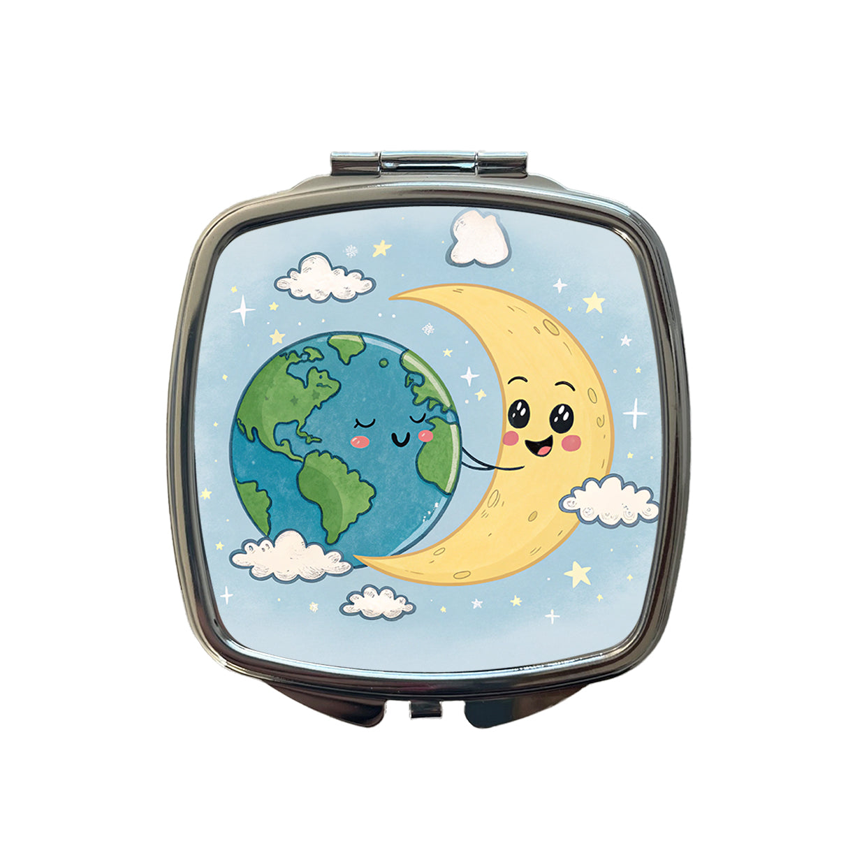Kawaii Earth And Crescent Moon Small Travel Purse Handbag Pocket Makeup Compact Mirror