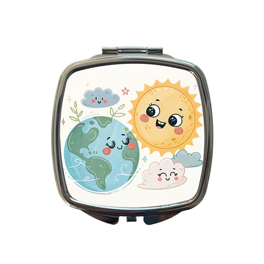 Kawaii Earth And Sun Small Travel Purse Handbag Pocket Makeup Compact Mirror