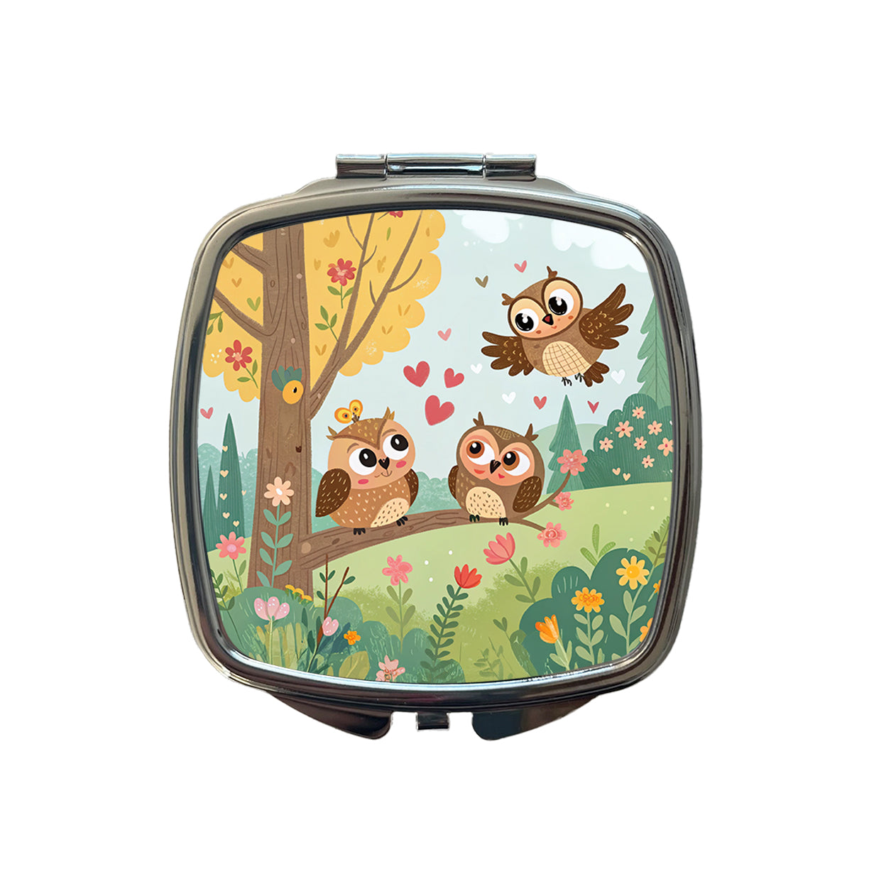 Kawaii Great Horned Owls Small Travel Purse Handbag Pocket Makeup Compact Mirror