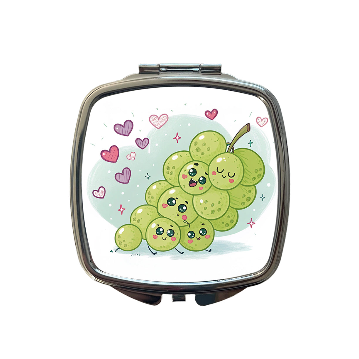 Kawaii Green Grapes And Hearts Small Travel Purse Handbag Pocket Makeup Compact Mirror