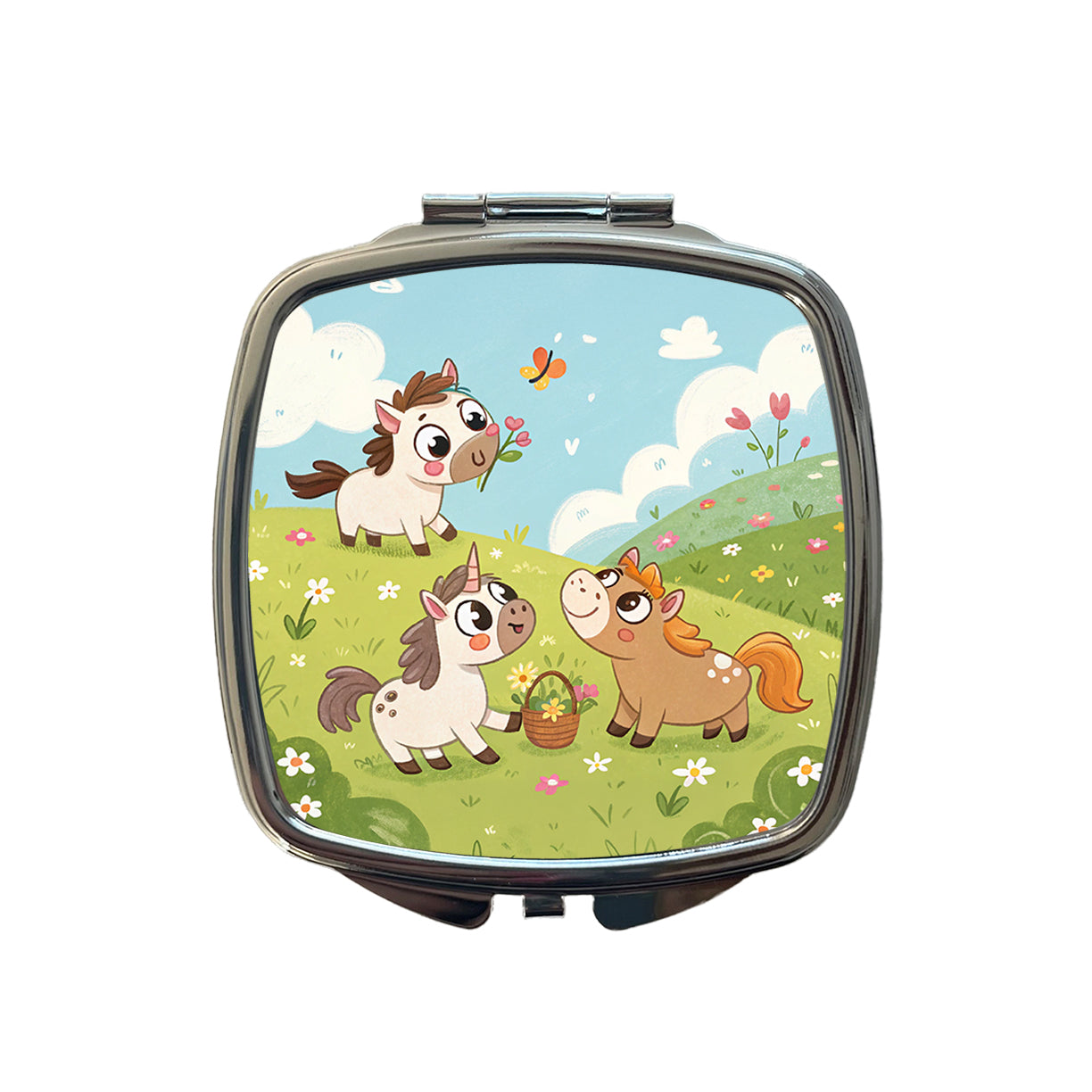 Kawaii Horses Playing Small Travel Purse Handbag Pocket Makeup Compact Mirror