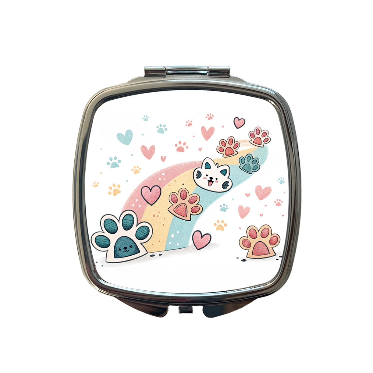 Kawaii Paw Prints And Hearts Sty Small Travel Purse Handbag Pocket Makeup Compact Mirror