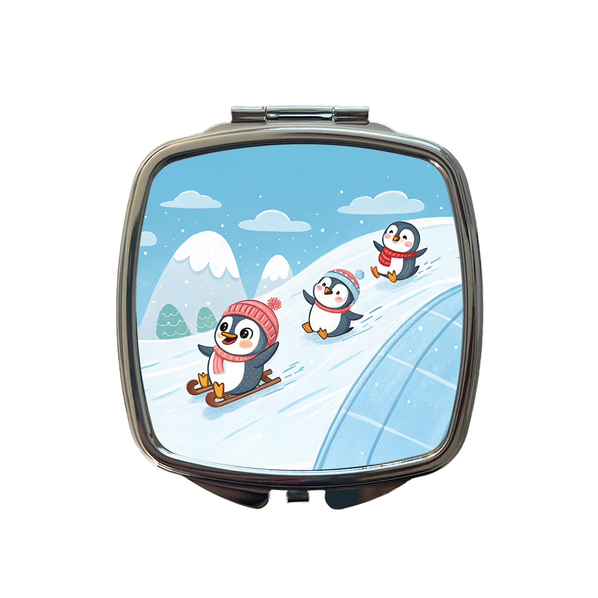 Kawaii Penguins Sledding Snow Small Travel Purse Handbag Pocket Makeup Compact Mirror