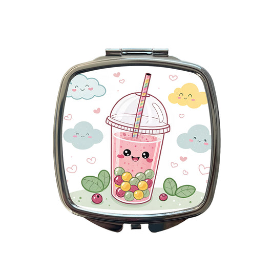 Kawaii Pink Boba Bubble Tea Small Travel Purse Handbag Pocket Makeup Compact Mirror