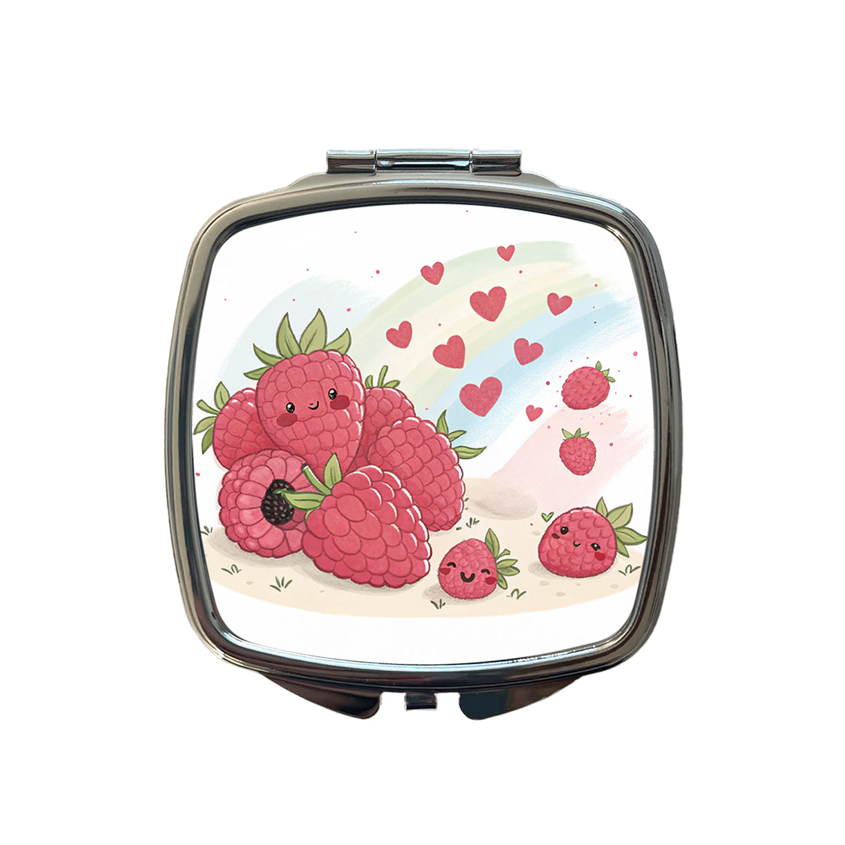 Kawaii Raspberries And Hearts Small Travel Purse Handbag Pocket Makeup Compact Mirror