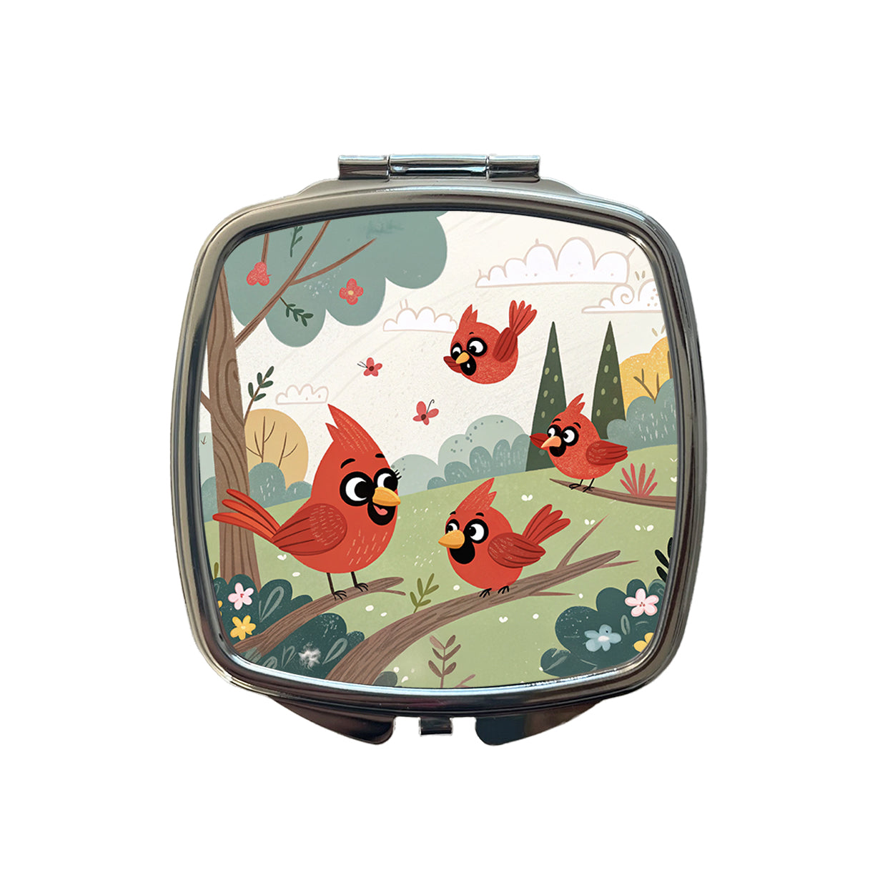 Kawaii Red Cardinals Birds Small Travel Purse Handbag Pocket Makeup Compact Mirror