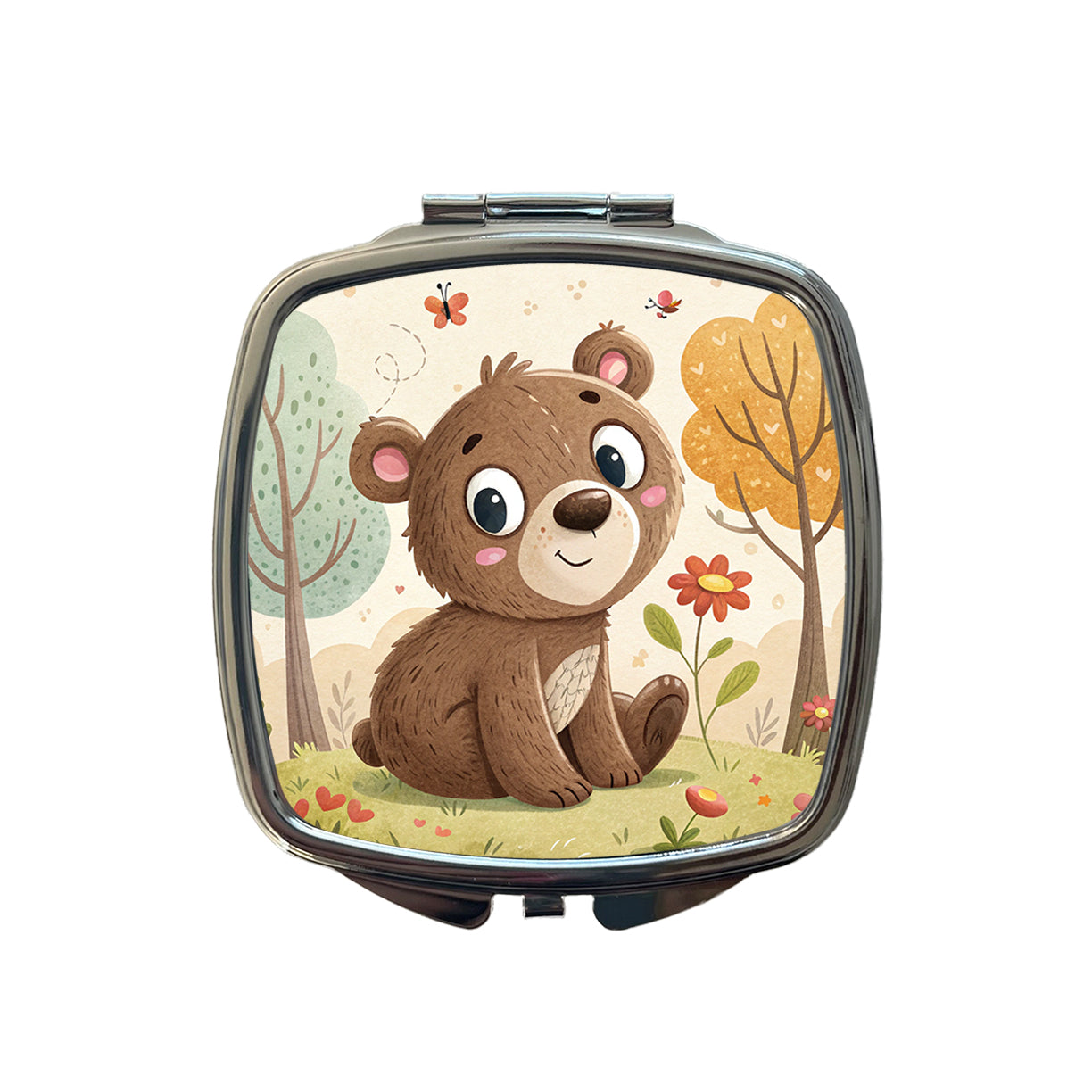 Bear Children's Illustration Style Small Travel Purse Handbag Pocket Makeup Compact Mirror