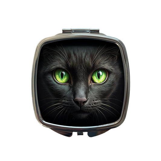 Black Cat with Green Eyes Small Travel Purse Handbag Pocket Makeup Compact Mirror