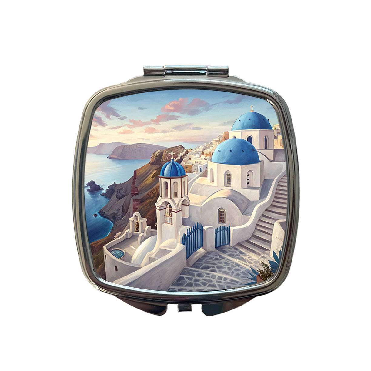 Blue Domes Of Oia Santorini Greece Aegean Sea Small Travel Purse Handbag Pocket Makeup Compact Mirror