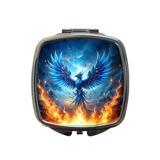 Blue Flaming Phoenix Rising From Ashes Fantasy Bird Small Travel Purse Handbag Pocket Makeup Compact Mirror