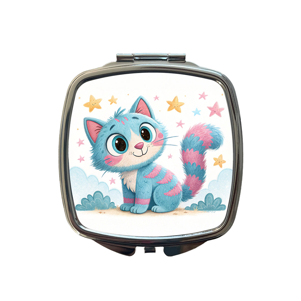 Cat Children's Illustration Style Small Travel Purse Handbag Pocket Makeup Compact Mirror
