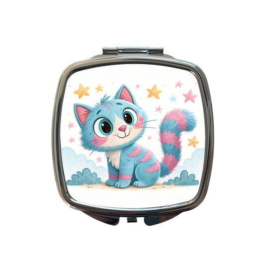 Cat Children's Illustration Style Small Travel Purse Handbag Pocket Makeup Compact Mirror
