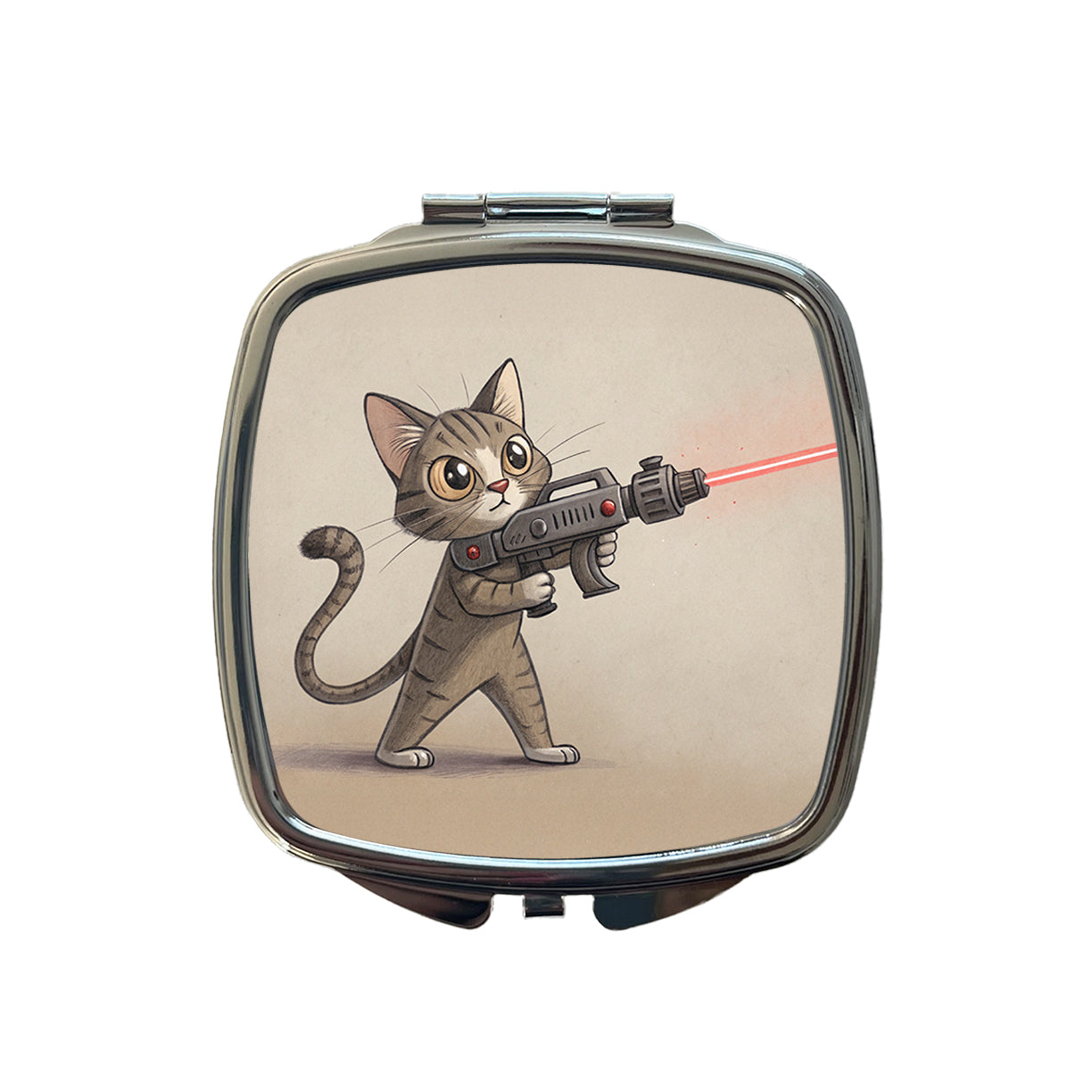 Cat With Laser Gun Sci-fi Cartoon Small Travel Purse Handbag Pocket Makeup Compact Mirror