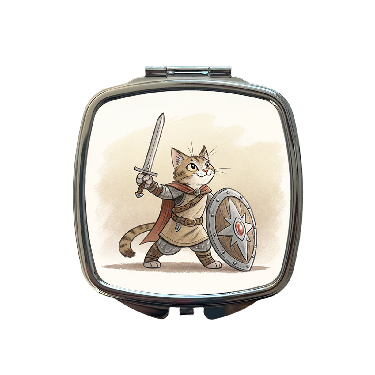 Cat With Sword And Shield Fantasy Medieval Cartoon Small Travel Purse Handbag Pocket Makeup Compact Mirror