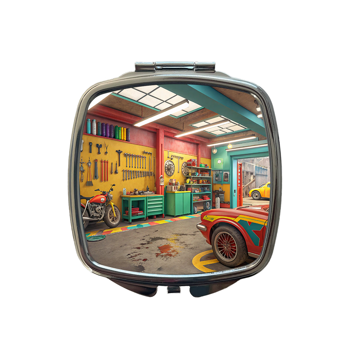 Colorful Mechanic's Garage Small Travel Purse Handbag Pocket Makeup Compact Mirror