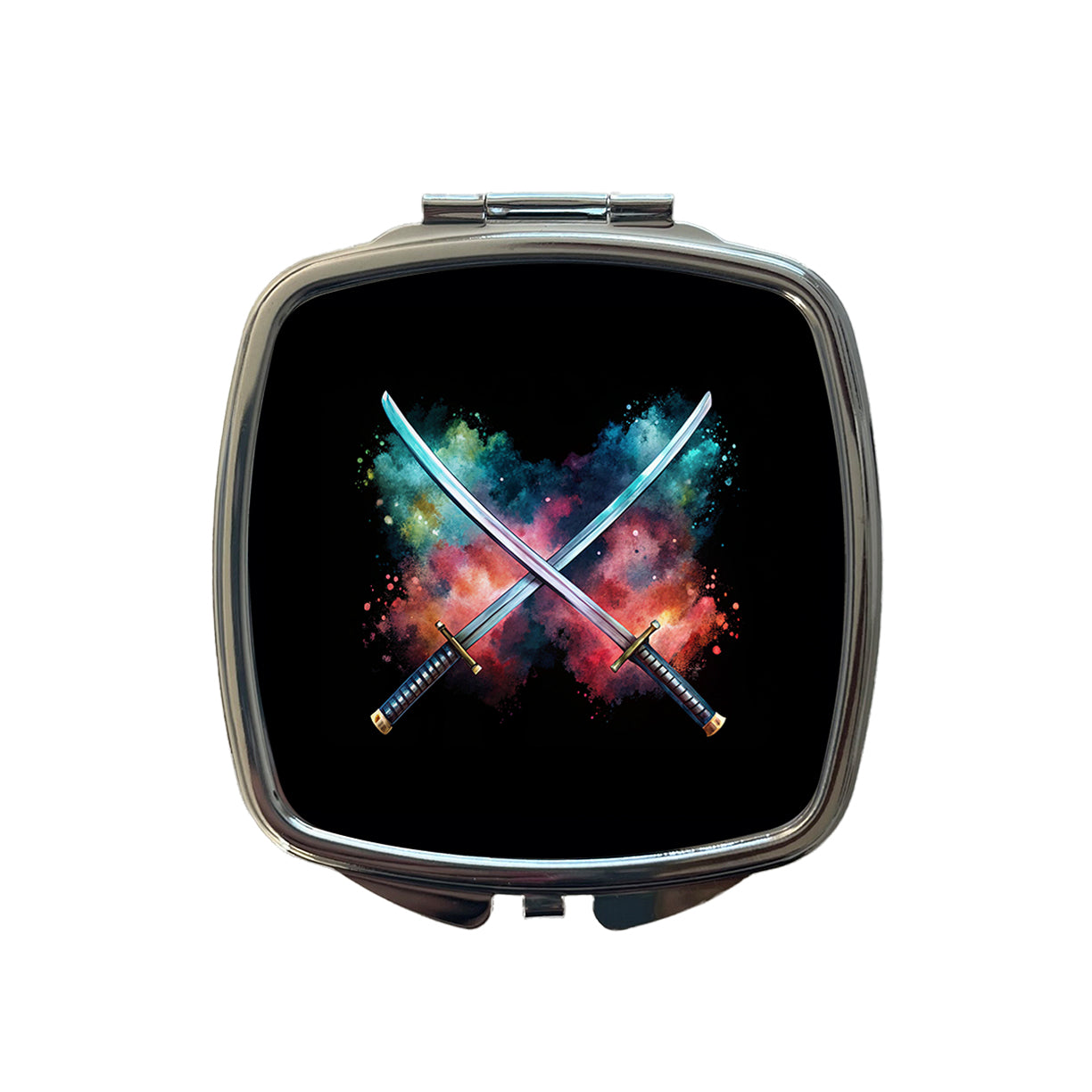 Crossed Katana Samurai Ninja Swords Black Watercolor Small Travel Purse Handbag Pocket Makeup Compact Mirror