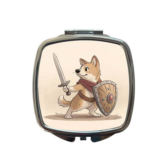 Dog With Sword And Shield Fantasy Medieval Cartoon Small Travel Purse Handbag Pocket Makeup Compact Mirror