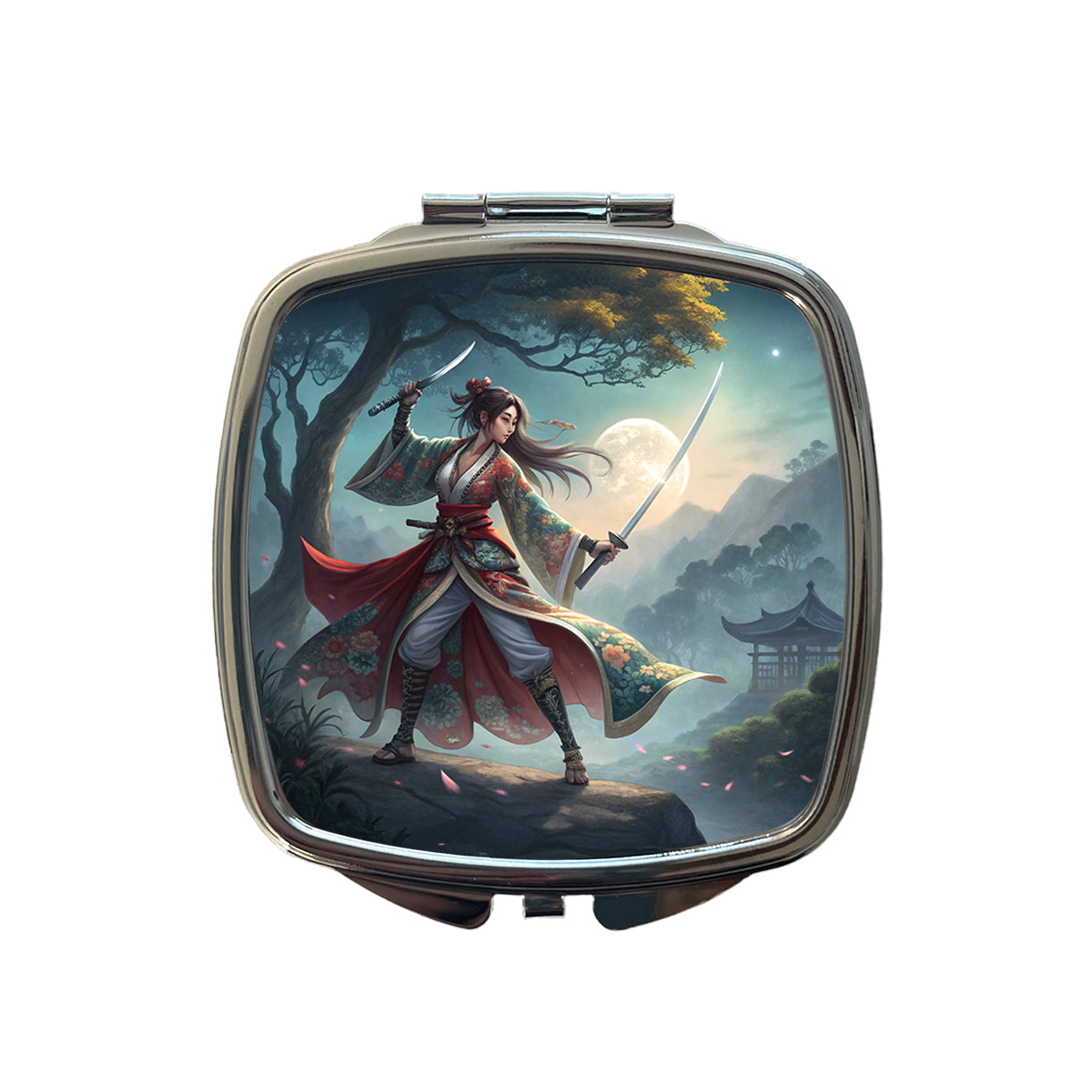 Fantasy Female Warrior Classic Japanese Anime Style Small Travel Purse Handbag Pocket Makeup Compact Mirror