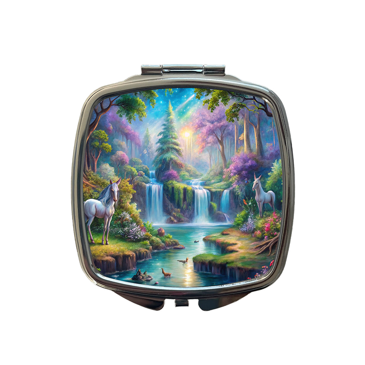 Fantasy Forest Waterfalls and White Horses Watercolor Small Travel Purse Handbag Pocket Makeup Compact Mirror