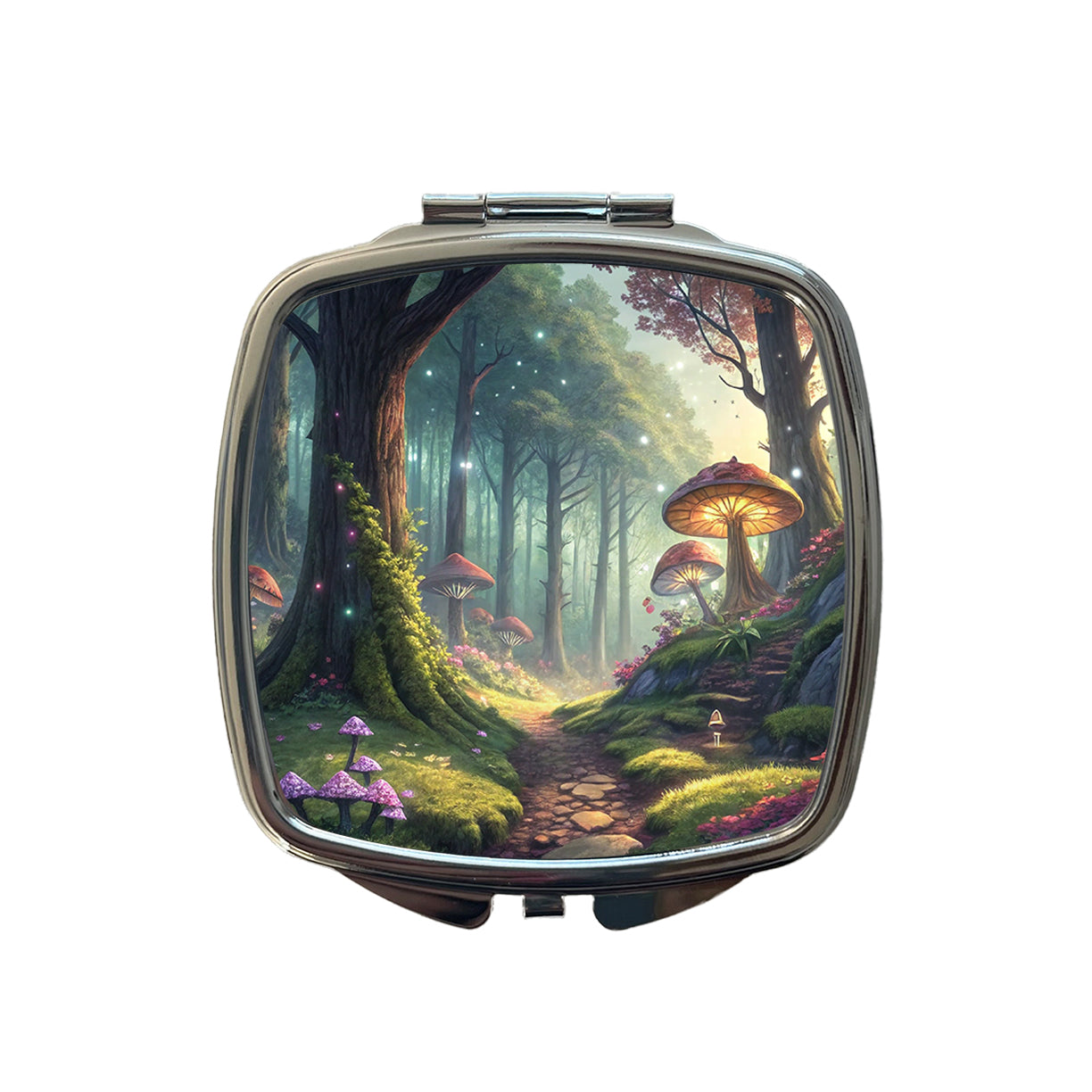 Fantasy Mushroom Forest Mystical Anime Style Small Travel Purse Handbag Pocket Makeup Compact Mirror