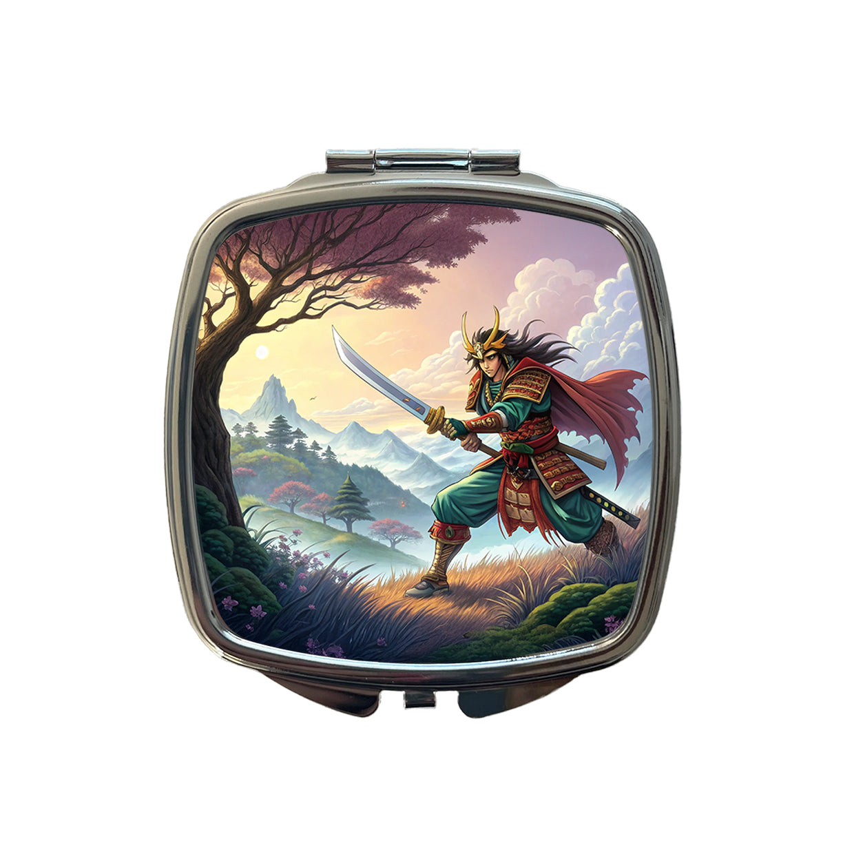 Fantasy Warrior with Sword Classic Japanese Anime Style Small Travel Purse Handbag Pocket Makeup Compact Mirror